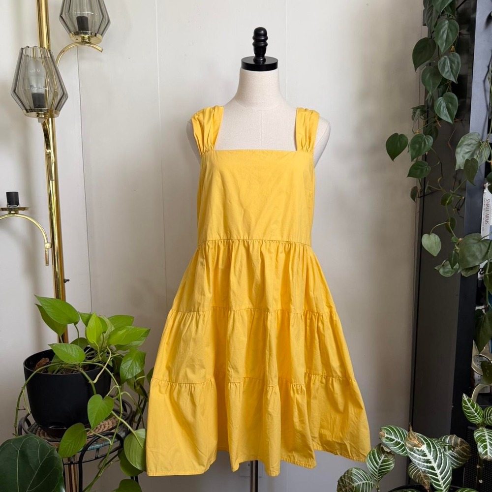 Banana Republic Yellow Cotton Tiered Midi Dress Square Neck Ruffle Strap Medium